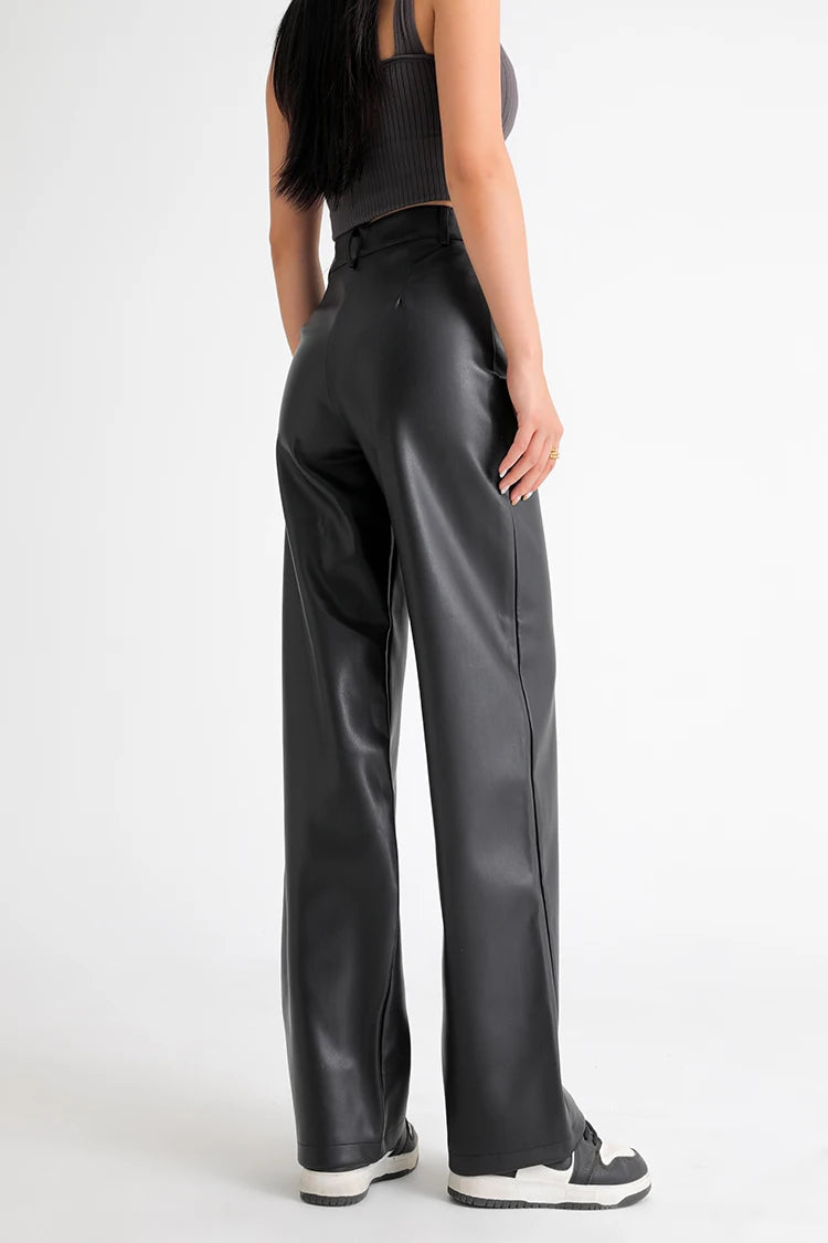 Women's High Waist Faux Leather Wide Leg Fleece Pants