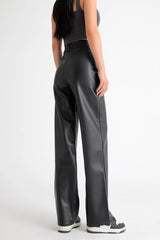 Women's High Waist Faux Leather Wide Leg Fleece Pants