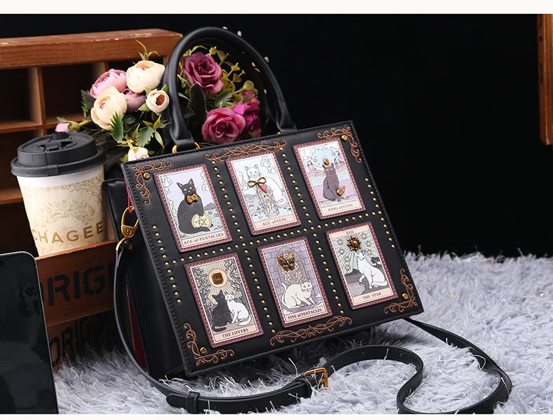 Vintage Luxury Leather Tote – Designer Cat Embroidery Shoulder Bag