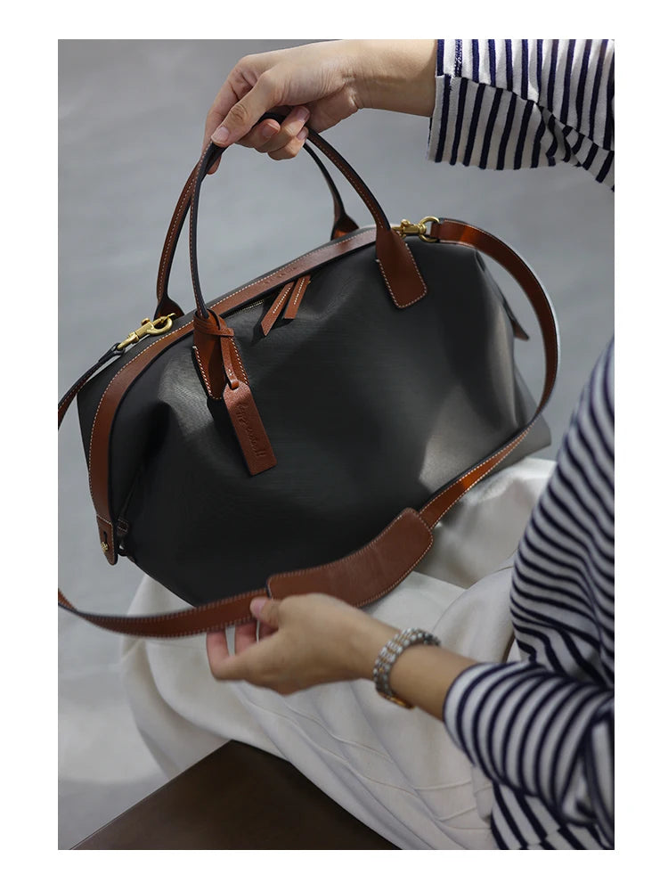 Women's Nylon With Genuine Leather Zipper Tote Lightweight Soft Travling Bags Versatile Style Handbag Different Colors And Size