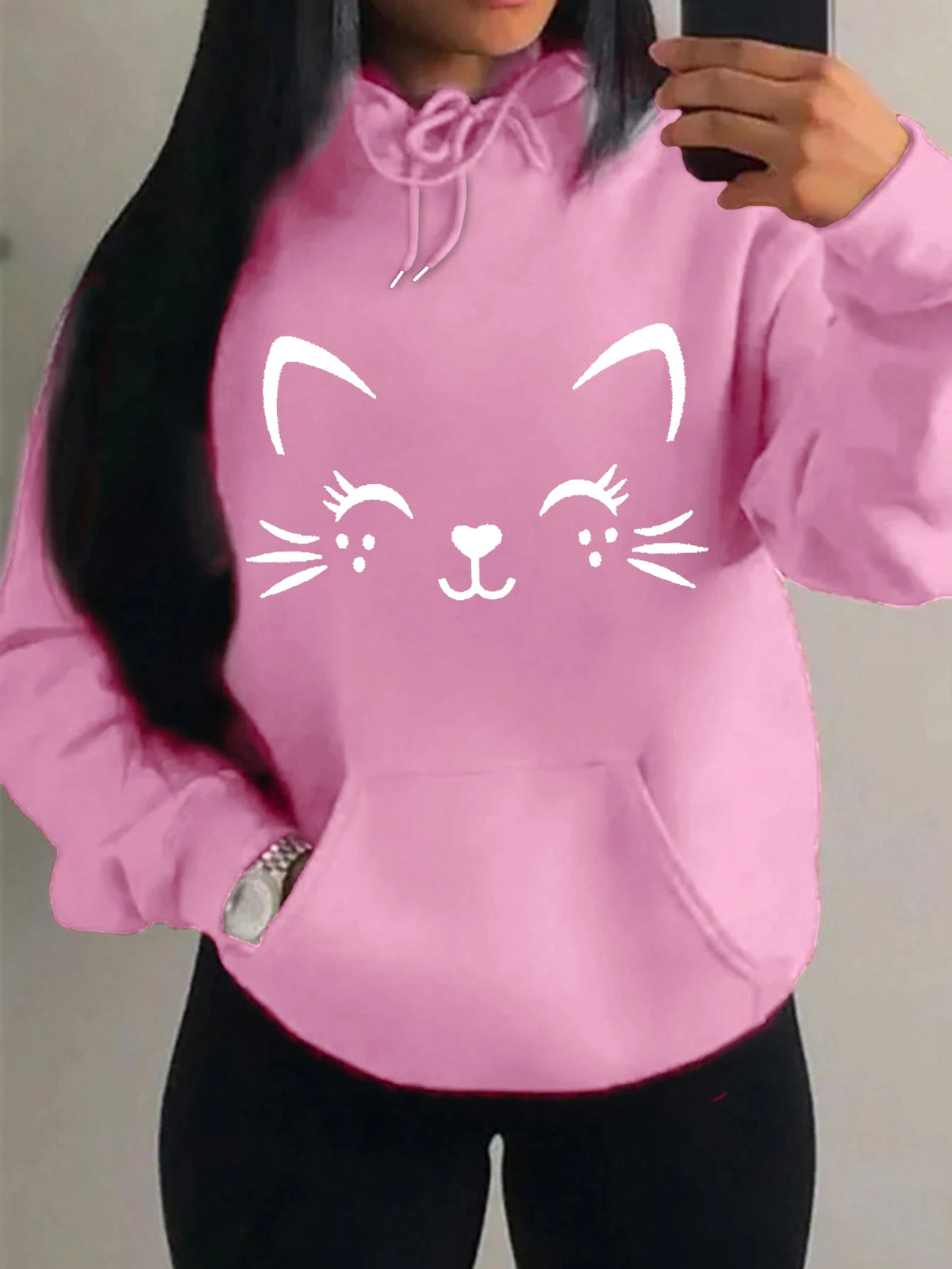 Women's Playful Cat Graphic Fleece Hoodie