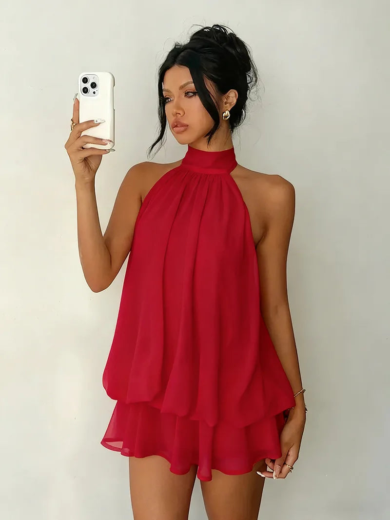 Women's Halter Neck Backless Tie-Front Mini Dress