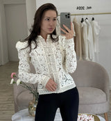 2026 Summer Lace Printed Shirts Tops Female Hollow Out Fashion Commute Vintage See-Through Blouse Women's Lace Shrug Shirts New