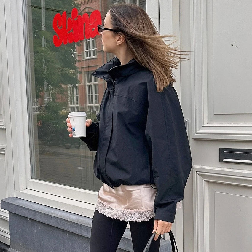 Linad Street Chic Red Turtleneck Zipper Jackets Autumn Casual Long Sleeve Outerwear Fashion Coats For Woman Tops Female 2025