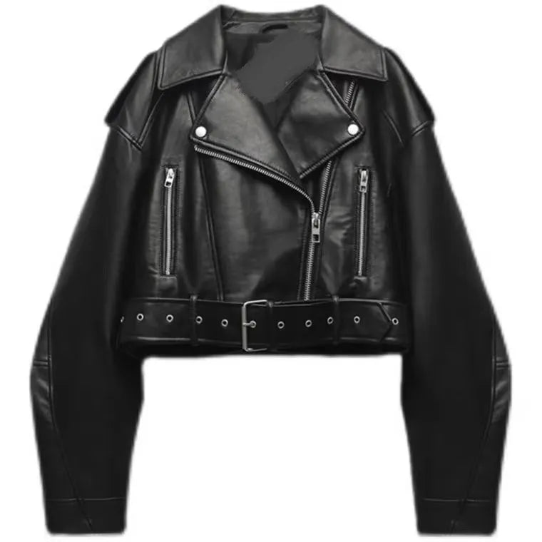 Women's Faux Leather Belted Moto Jacket