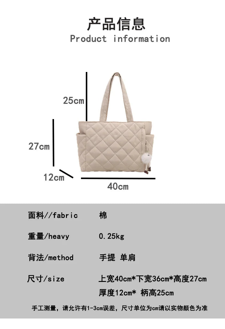 Multi Pocket Women Mailman Bag Diamond Patterned Cotton Clothing Shoulder Bag Large Capacity Tote Bag Casual Nylon Shoulder Bag