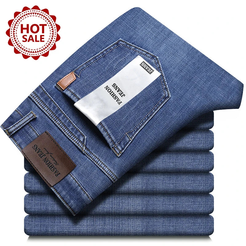 Autumn Winter Men's Jeans Classic Retro Grey Denim Pants Man Work Slim Straight Stretch Cotton Trousers Streetwear Plus Size 40