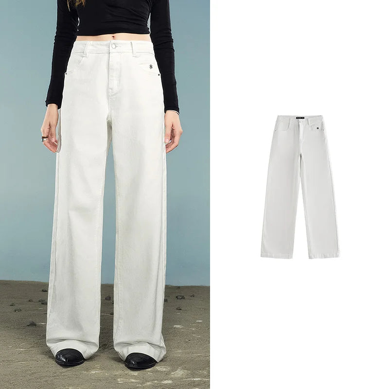 TOYOUTH Women Denim Jeans 2025 Autumn New Lycra Stretch Washed Wide Leg Straight Long Pants