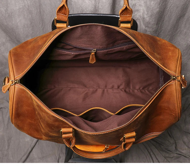 Leathfocus Men's Cowhide Travel Bag Women's Weekend Handbag Large Capacity Vintage Duffle Bag Crazy Horse Leather Laptop Bag