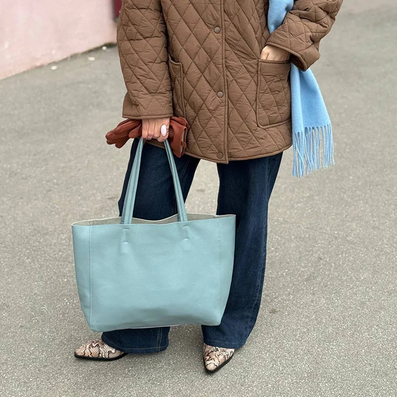 Women Luxury Bag Casual Tote Female Fashion Summer Beach Handbag Lady Popular Soft Cowhide Genuine Leather Shoulder Shopping Bag