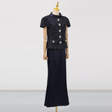 VGH Chic Two Piece Sets for Women Stand Collar Short Sleeves Spliced Pocket Tweed Top High Waist Maxi Skirts Vintage Suit Female