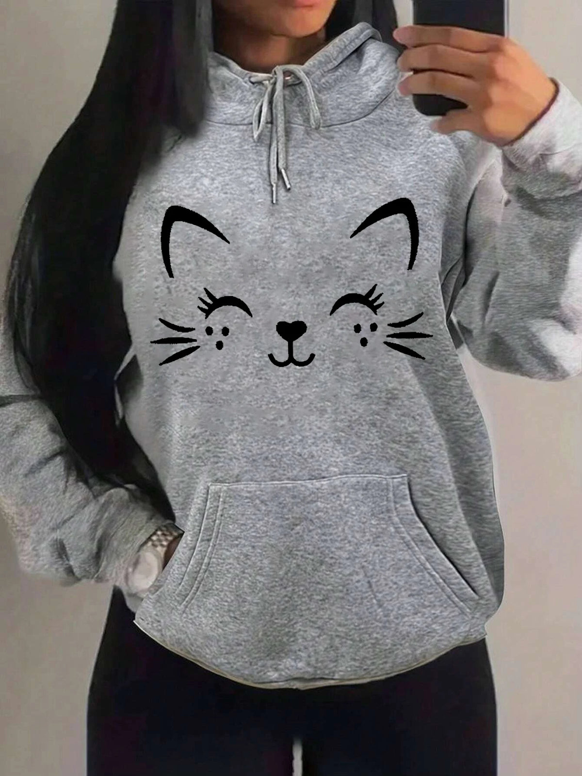 Women's Playful Cat Graphic Fleece Hoodie