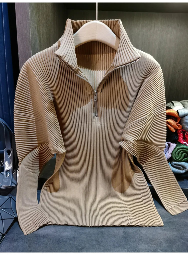 Miyake Pleated Sweatshirt Pit Stripe Zipper Standing Collar Jacket Women 2025 New Casual Pullover Hundred Pleat Skinny Tops