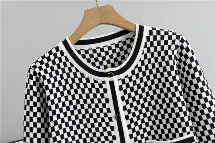 Women's Plaid Knit 2-Piece Set: Button-Down Cardigan & High-Waist Wide Leg Pants