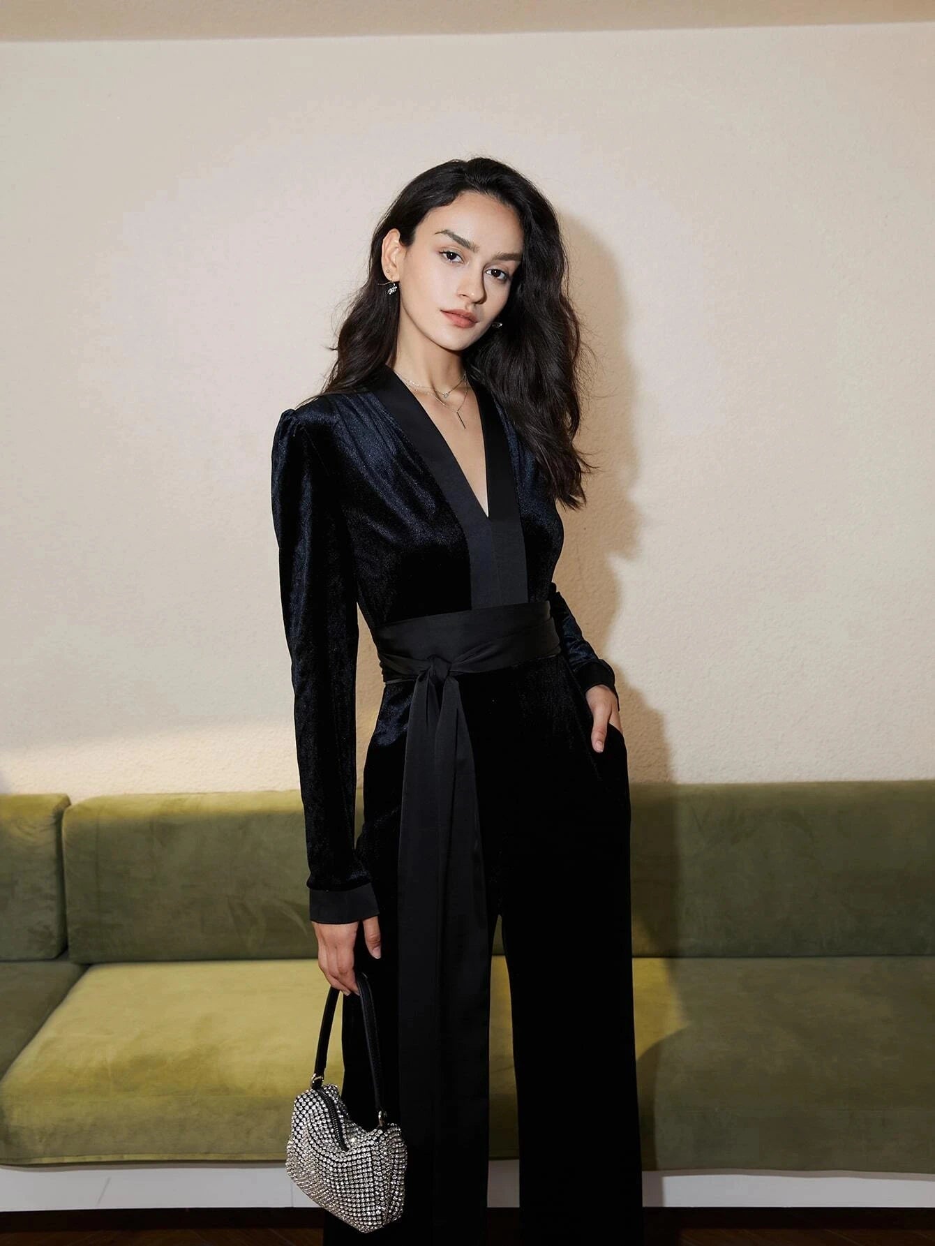 Elegant V-Neck Belted Velvet Jumpsuit – High-End Office & Evening Wear