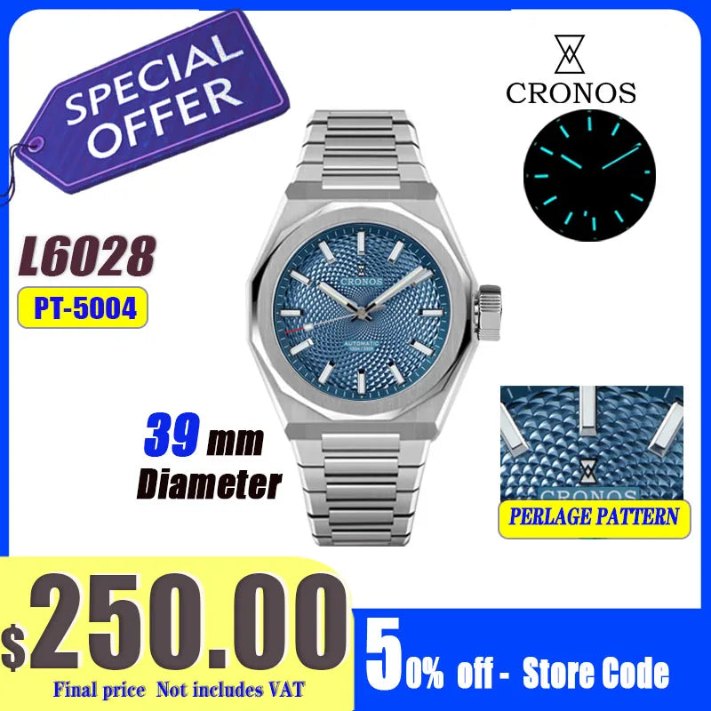 Cronos New Rhombus Perlage 39mm Dial PT5004 Miyota 90S5 See-through Caseback Men Automatic Wristwatches 10ATM Lumious