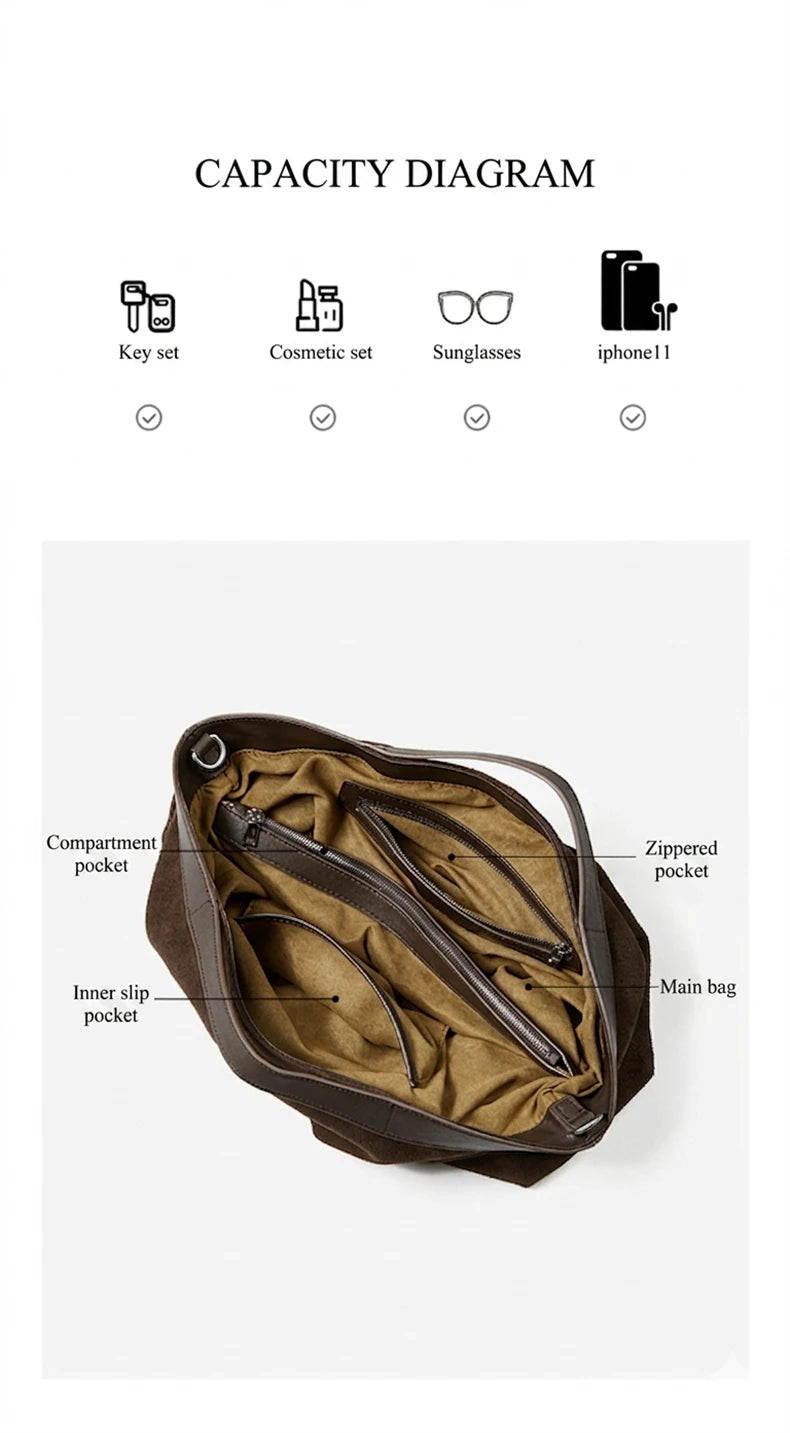 BURMINSA Genuine Suede Leather Hobo Bags Women Vintage Designer Large Shoulder Crossbody Tote Slouchy Soft Office Work Handbags