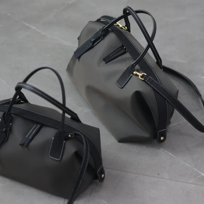 Women's Nylon With Genuine Leather Zipper Tote Lightweight Soft Travling Bags Versatile Style Handbag Different Colors And Size