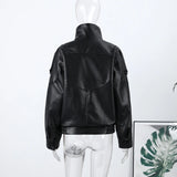 2026 Autumn Women's Faux Leather Jacket Brown Black Long Sleeve Stand Collar Thick Loose Lady Coat Fashion Motorcycle Streetwear
