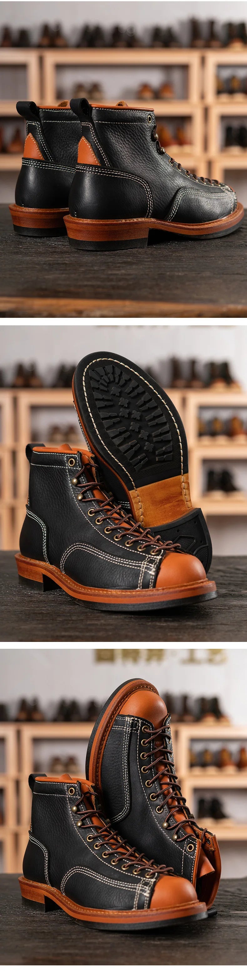 KOWM Hiking shoes men's cowhid boots British leather trekking shoes thick soled ankle sneakers cowhide high top motorcycle boots