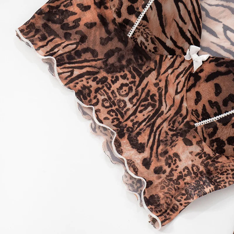 Leopard Print Skinny 2-Piece Set | Mesh Sleeve Crop Top & Ruched Skirt