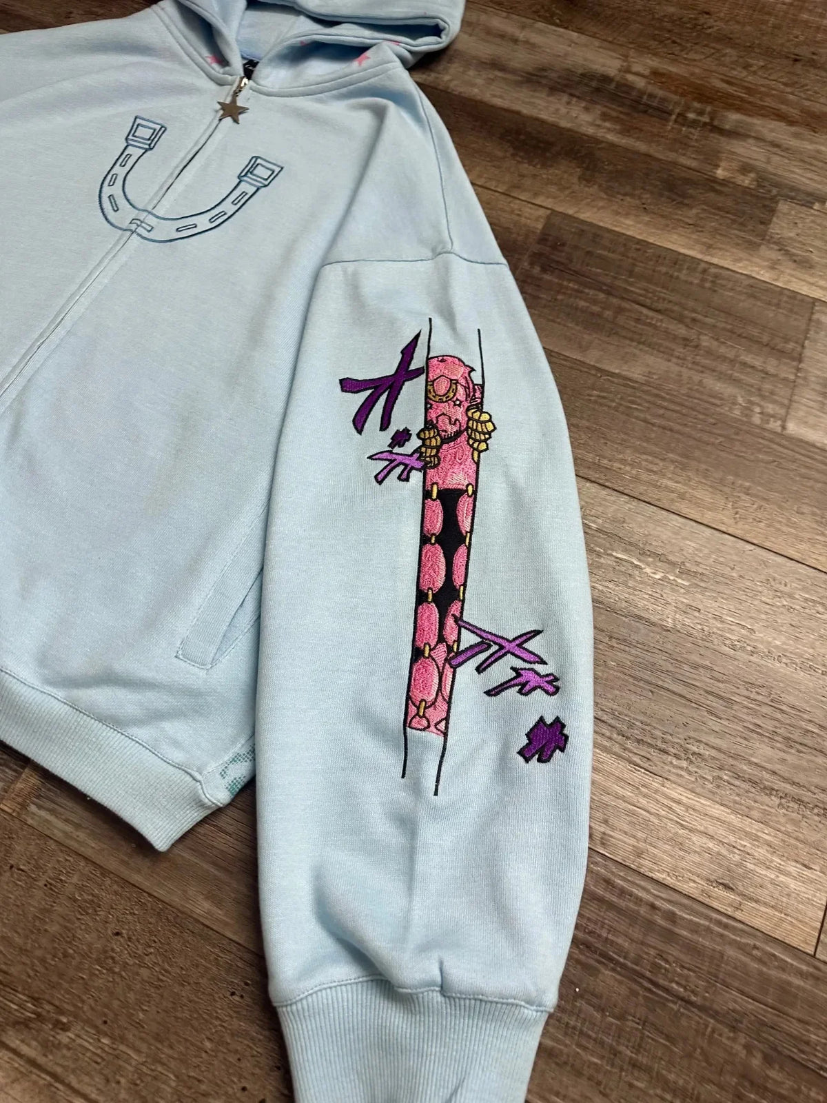 Women Shahzad Clothing Joestar Style Zip Hoodies Men JoJo Light Blue Star Tusk Print Oversized Embroidery Couple Sweatshirt Tops