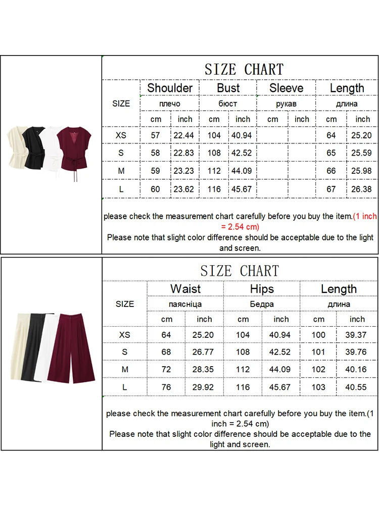 2-Piece Sleeveless V-Neck Trouser Set with Belt – Summer Commuter Wide Leg Suit