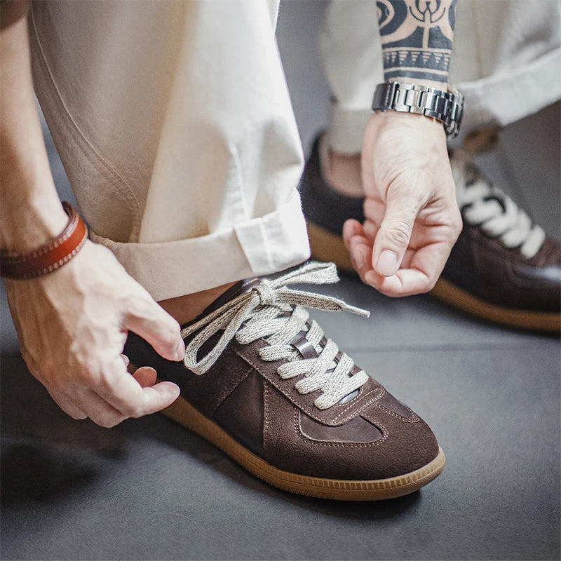 Maden Classic Brown Spliced German Trainer Shoes Flat Low-top Sneakers for Men's Spring and Autumn Casual Lace-up Sporty Shoes