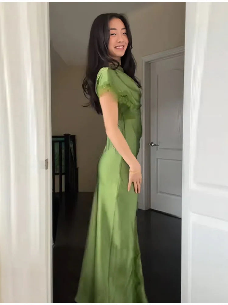Women Elegant Green Satin Maxi Dress Lace Slit Asymmetric High Neck Draped One-sleeve Slim Fit Lgown Formal Evening Party Outfit