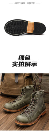 KOWM cowhide Hiking shoes men's walking boot British trekking shoes thick soled cowhide high top motorcycle boots ankle sneakers