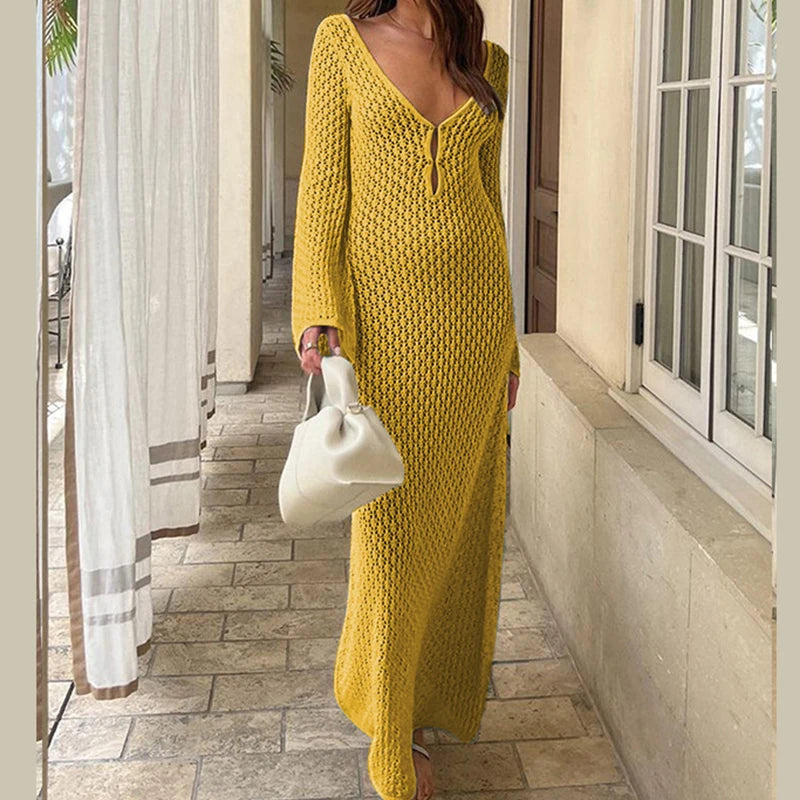 Knitted Hollow-Out V-Neck Maxi Beach Cover-Up