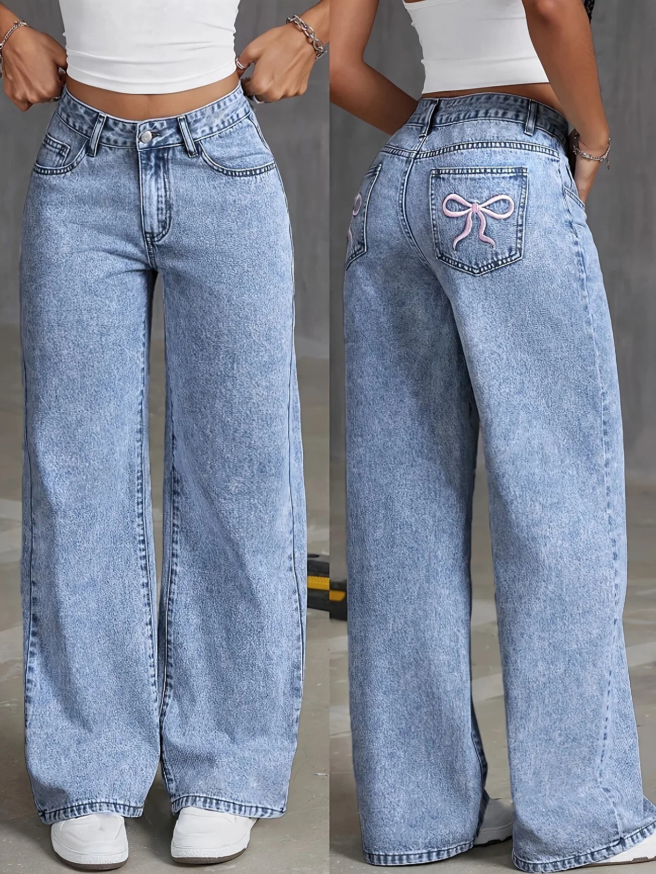 Women's Bow Embroidered Wide Leg Denim Trousers