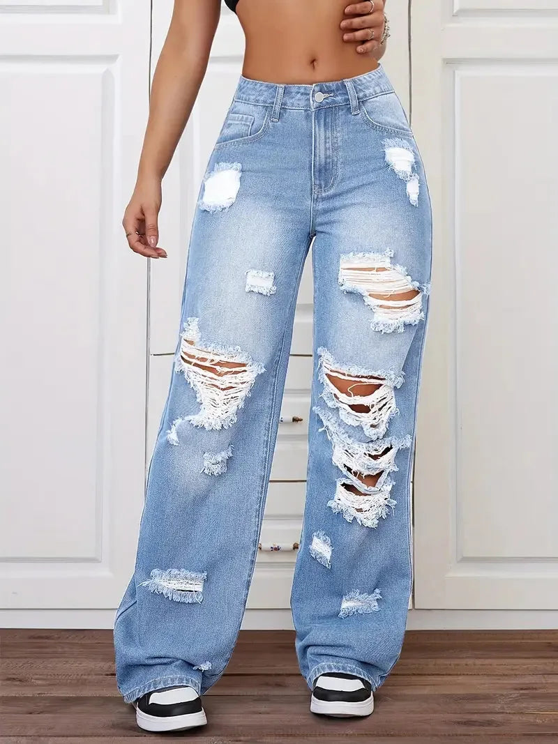 Women's Distressed Wide Leg Jeans | High Waist Denim