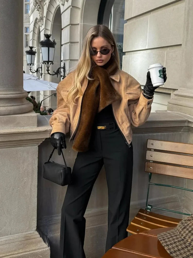 Brown Retro Suede Lapel Zippered Short Jackets Women's Casual Full Sleeves Pocket Loose Coats 2026 Spring Daily Commute Outwear