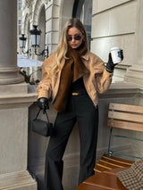 Brown Retro Suede Lapel Zippered Short Jackets Women's Casual Full Sleeves Pocket Loose Coats 2026 Spring Daily Commute Outwear