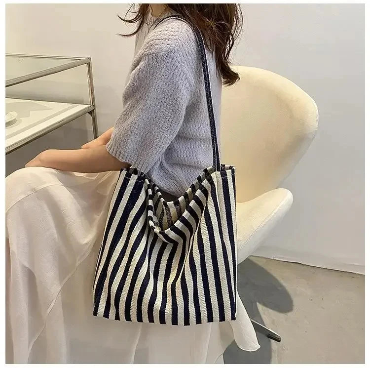 Female Casual Multifunctional Travel Top-handle Handbag Large Capacity Canvas Women Shopper Tote Simple Striped Shoulder Bag2025