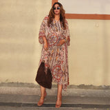 Women V Neck Vintage Vine Print Batwing Sleeve Maxi Dress Drawstring Waist Loose Flare Long Dress Mesh Texture Beach Vacation
