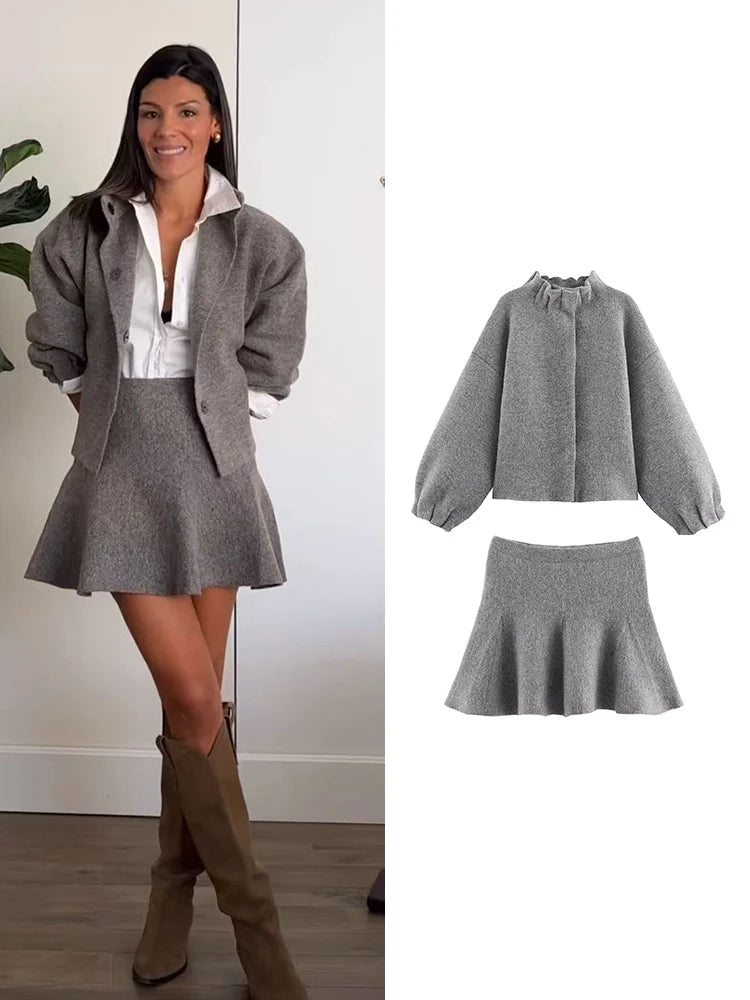 Women's 2-Piece Knitted Mini Skirt & Bomber Jacket Set