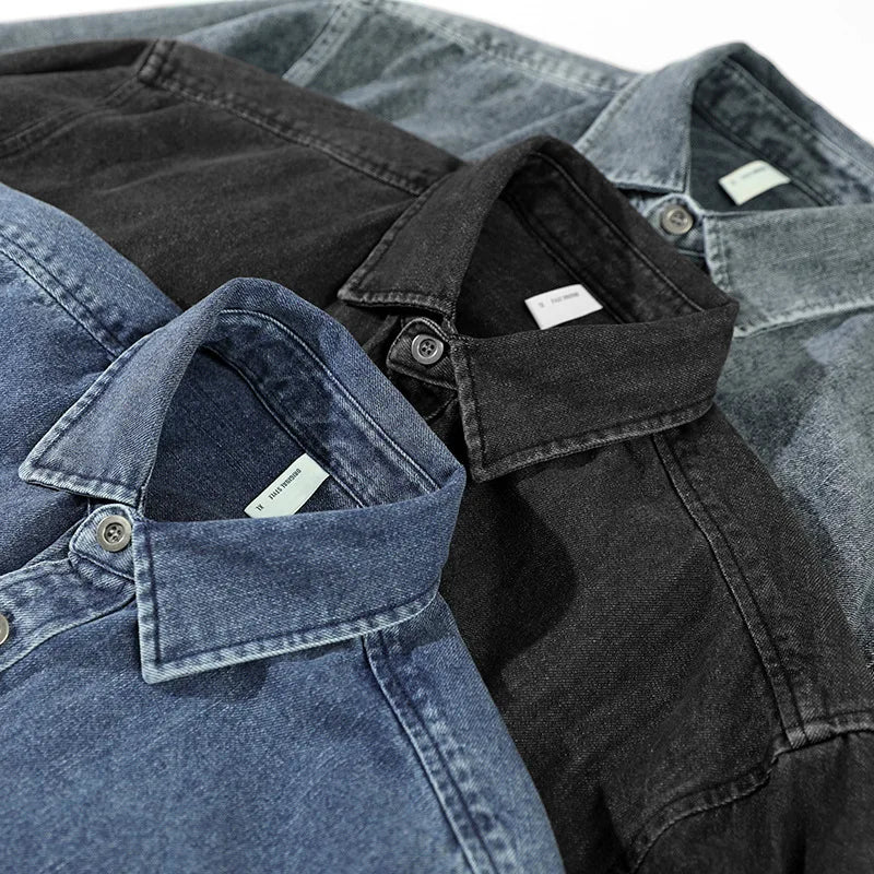 Retro American Washed Denim Jacket Loose Casual Long Sleeve Shirt for Men Autumn Fashion Urban Style Cotton Machine Washable