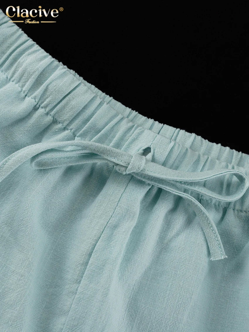 Clacive Fashion Loose Blue Cotton Home Women's Two Pieces Set 2025 Elegant Long Sleeve Shirt With High Waist Shorts Set Female