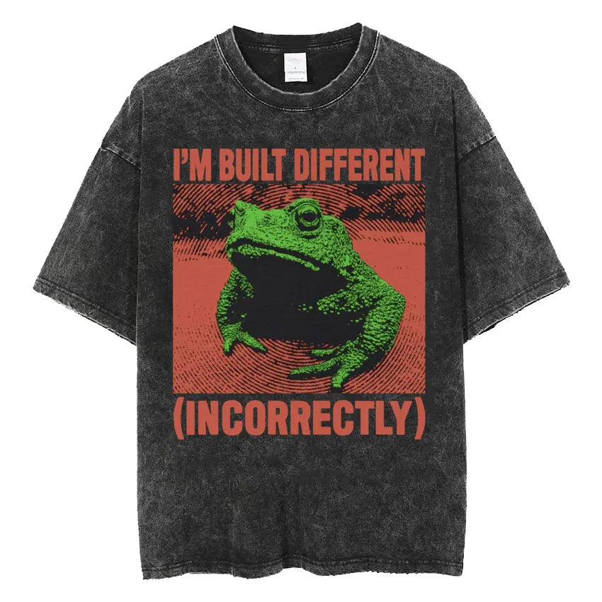 The Horrors Are Never Ending Yet I Remain Silly T-shirt Funny Japanese Style Frog Retro Washed T Shirt Men's Oversized Tees Tops