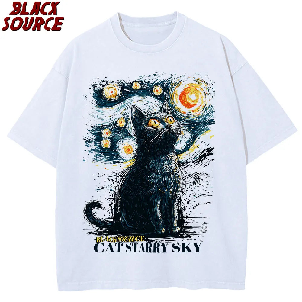 Black Cat Starry Sky Night Vintage Graphic Tee