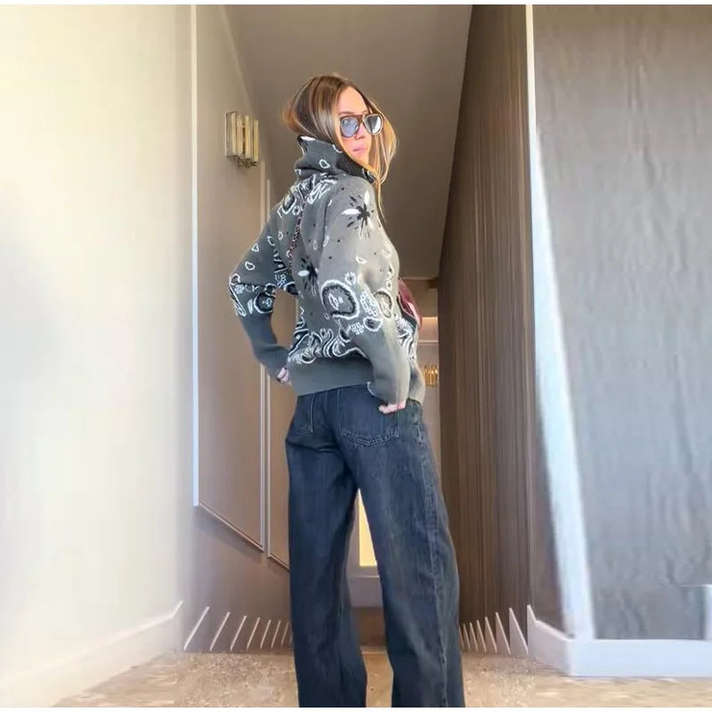 Vintage-Style Printed Knit Cardigan