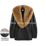Women's Black Faux Leather Coat with Detachable Collar