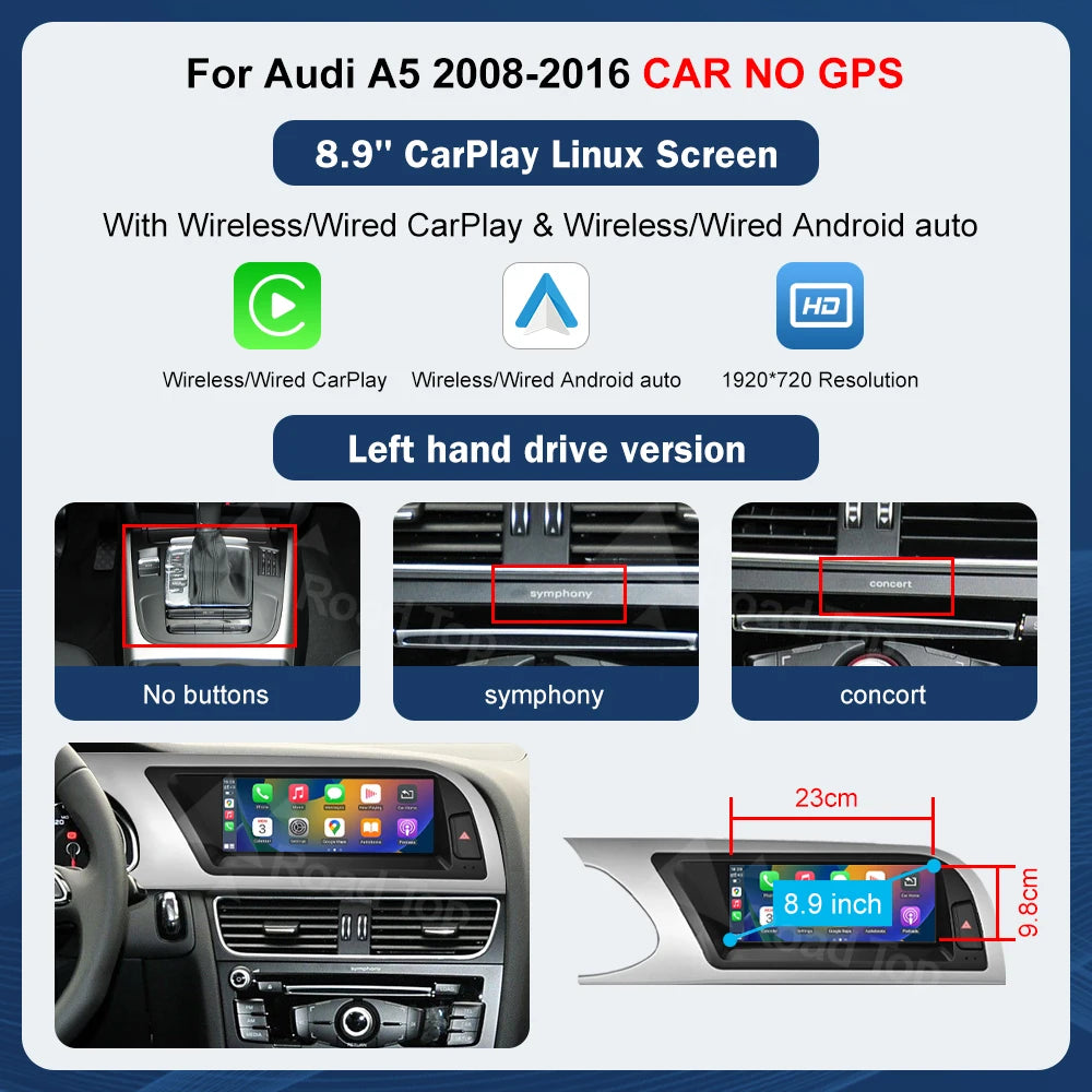 Road Top Touchscreen Display for Audi A5 S5 | CarPlay & Android Auto