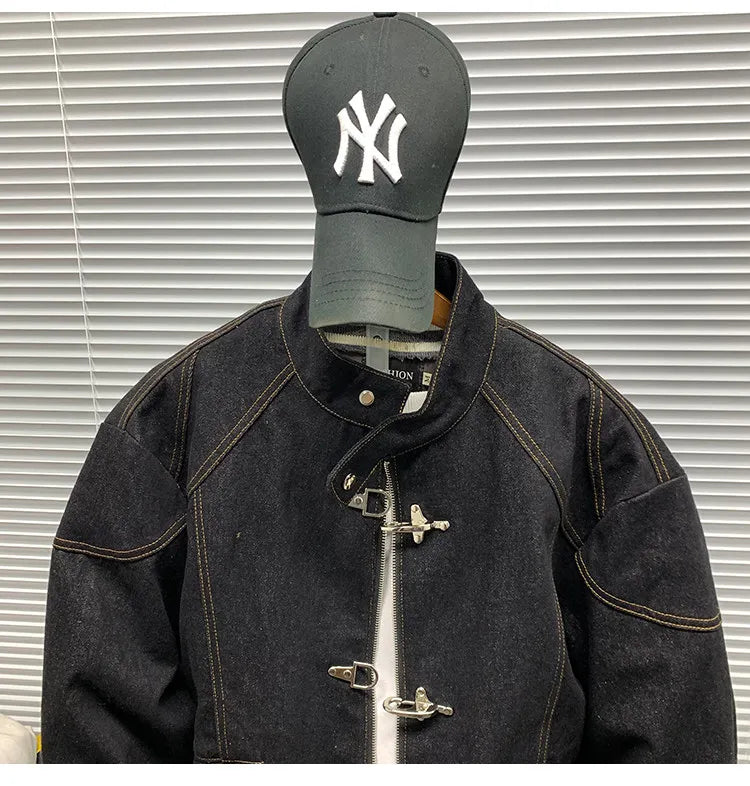American Vintage Denim Jacket Men Stand Collar Cotton Spring Metal Button Splicing Regular Fit Streetwear Trendy Casual Outwear