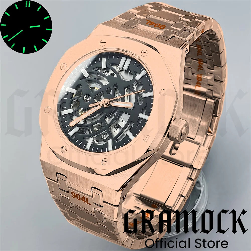 Gramock 41mm NH70 Watch Hollowed Out Dial Sapphire Crystal With Green Luminous NH70 Automatic Mechaninal Movement Waterproof