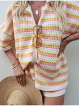 2025 Summer Women'S Hollow Striped Knitted 2 Pieces Set Short Sleeve Flip Collar Cardigan Single Breasted Casual Shorts Suits