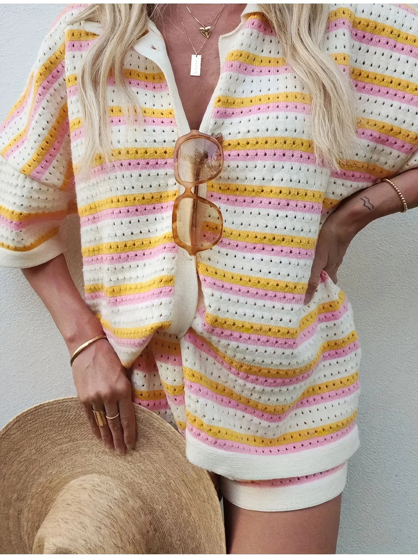 2025 Summer Women'S Hollow Striped Knitted 2 Pieces Set Short Sleeve Flip Collar Cardigan Single Breasted Casual Shorts Suits