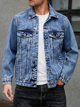 American style multi pocket denim jacket for men blue grey vintage washed loose fitting versatile trendy workwear jacket
